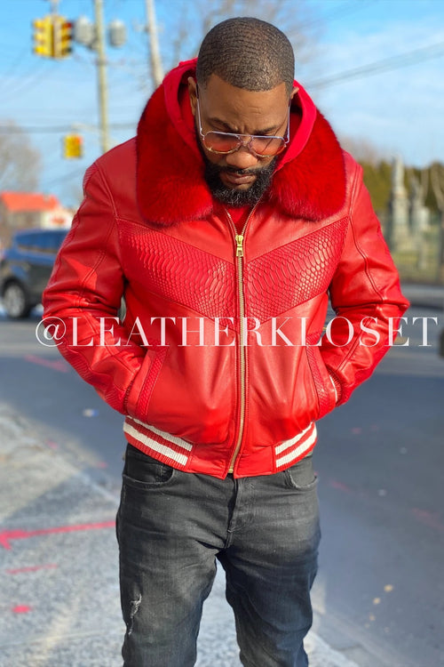 Men's Real Python And Leather Bomber Jacket W/ Fox