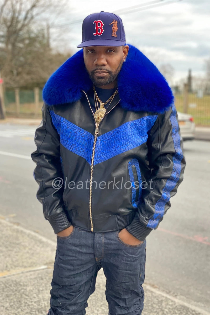 Men's Real Python And Leather Bomber Jacket With Fox