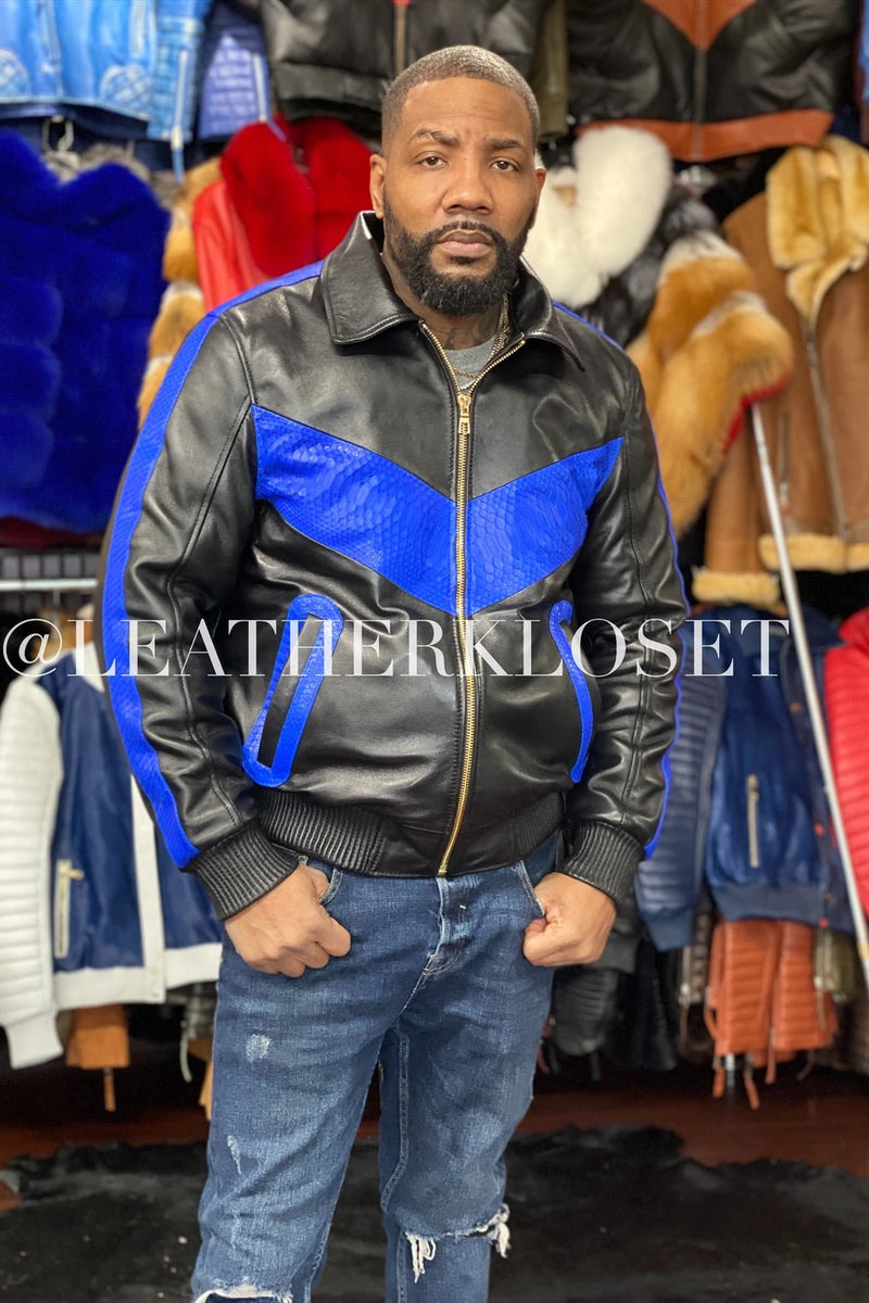 Men's Real Python And Leather Bomber Jacket