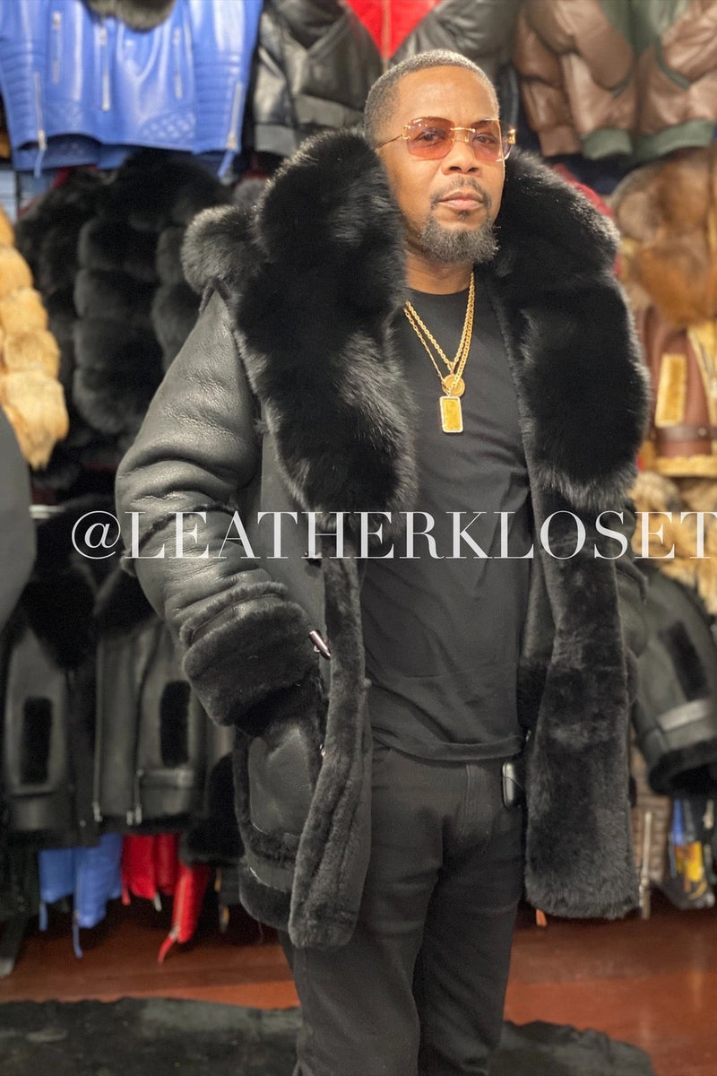 Men's Real Sheepskin Shearling Duffle With Over Size Fox