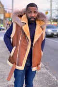 Men's Real Sheepskin Shearling Vest With Fox [Tan Napa]