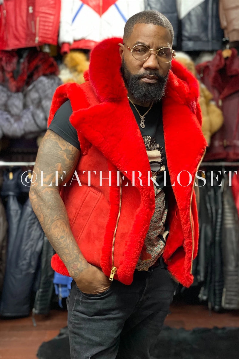 Men's Real Sheepskin Shearling Vest With Fox [Red]