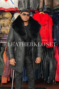 Men's Shearling Pea Coat With Fox Collar [Black]