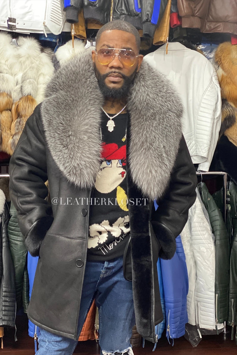 Men's Sheepskin Shearling Car Coat With Fox [Black]