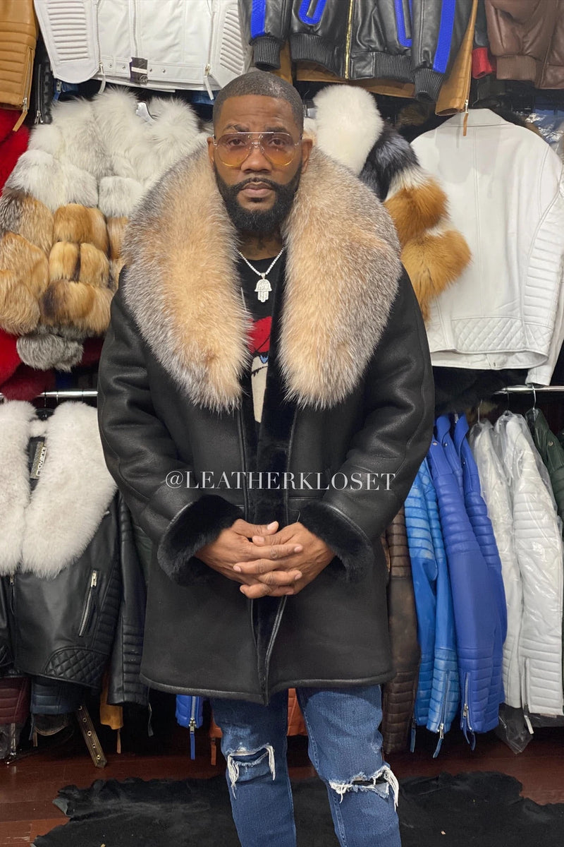 Men's Sheepskin Shearling Car Coat With Fox [Black]