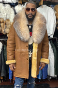 Men's Sheepskin Shearling Car Coat With Fox [Tan]