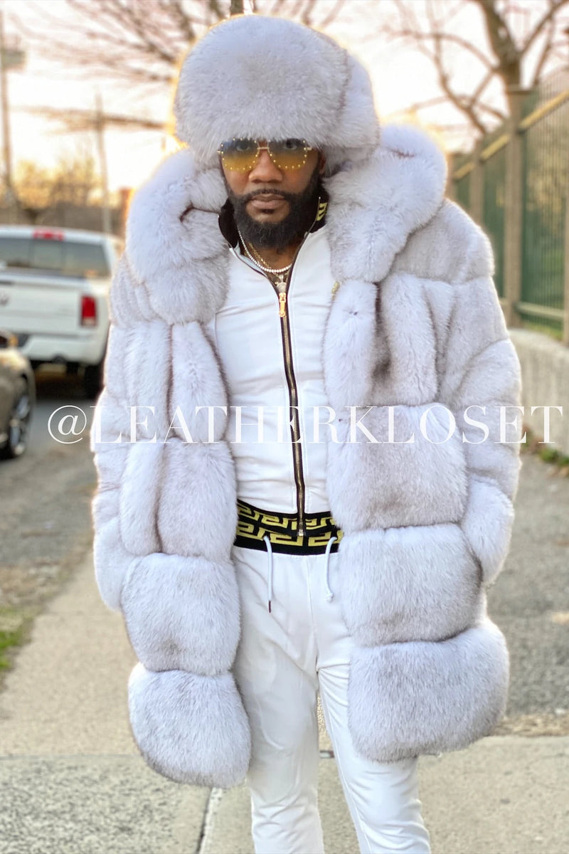 Blue Fox Fur Jacket for mens. Features real fox collar and hood. 