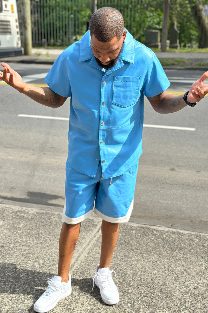Men's Summer In Miami Leather Shirt And Shorts Set [Baby Blue]
