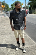 Men's Summer In Miami Leather Shirt And Shorts Set [Black/Beige]