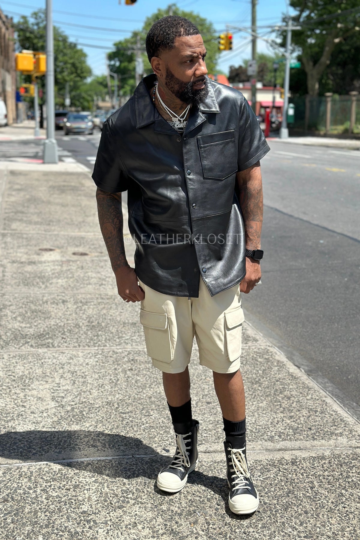 Men's Summer In Miami Leather Shirt And Shorts Set [Black/Beige]