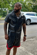 Men's Summer In Miami Leather Shirt And Shorts Set [Black/Red Stripe]