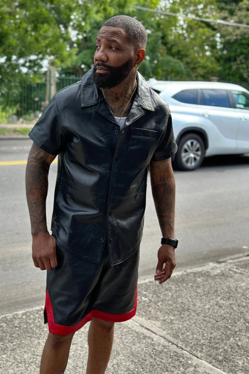 Men's Summer In Miami Leather Shirt And Shorts Set [Black/Red Stripe]