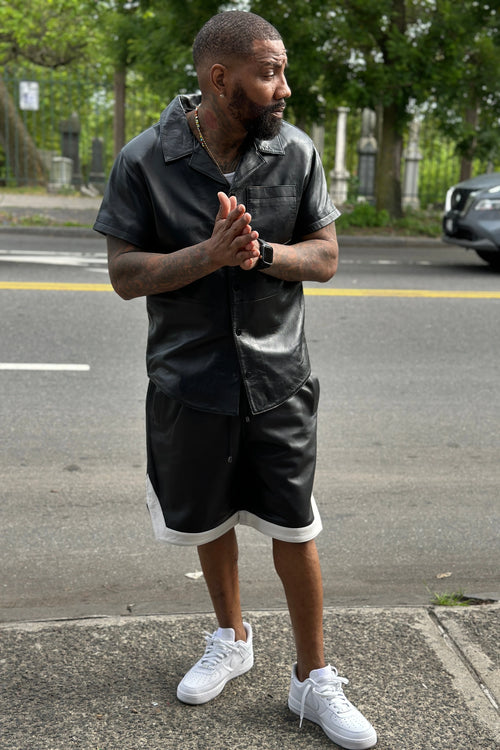 Men's Summer In Miami Leather Shirt And Shorts Set [Black/White Stripe]