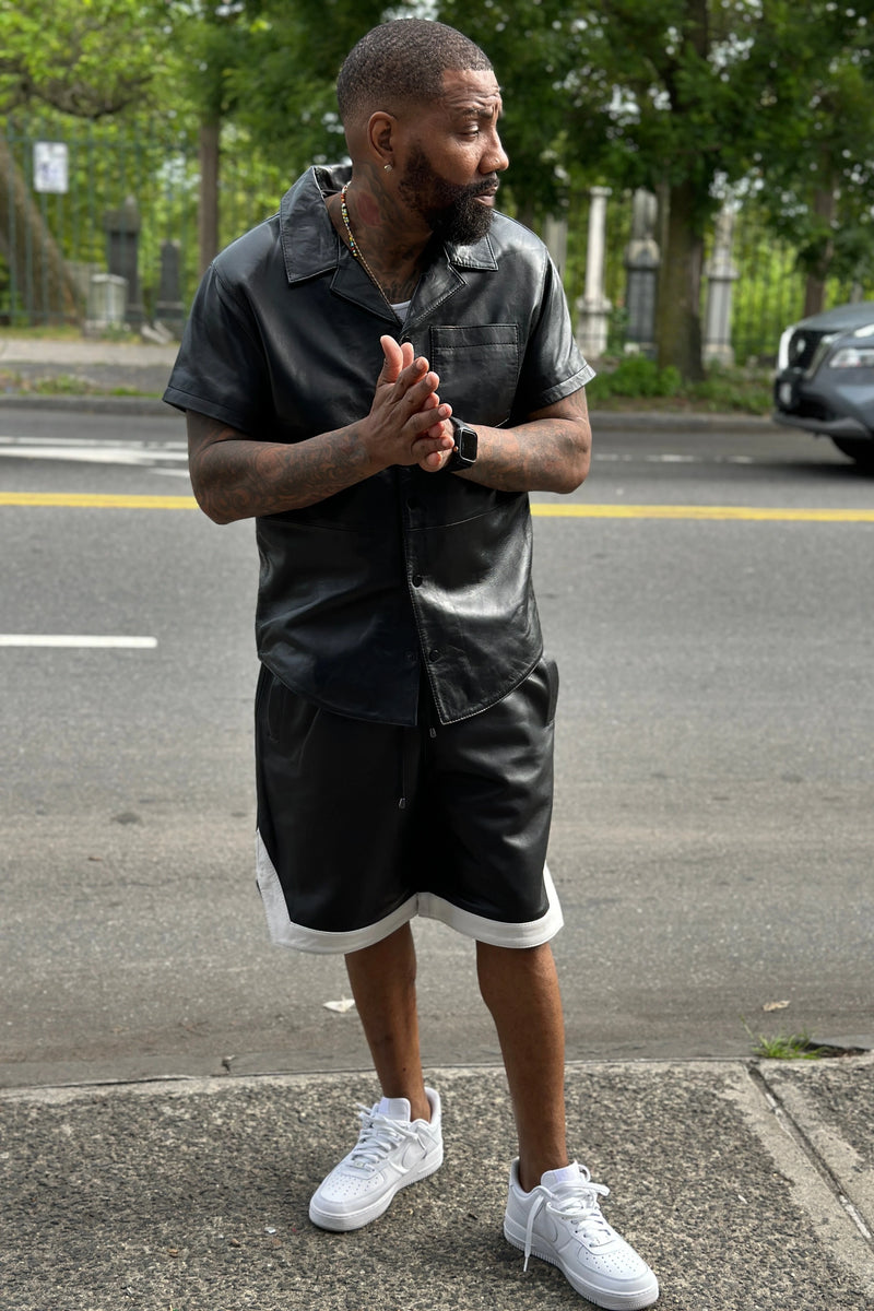 Men's Summer In Miami Leather Shirt And Shorts Set [Black/White Stripe]