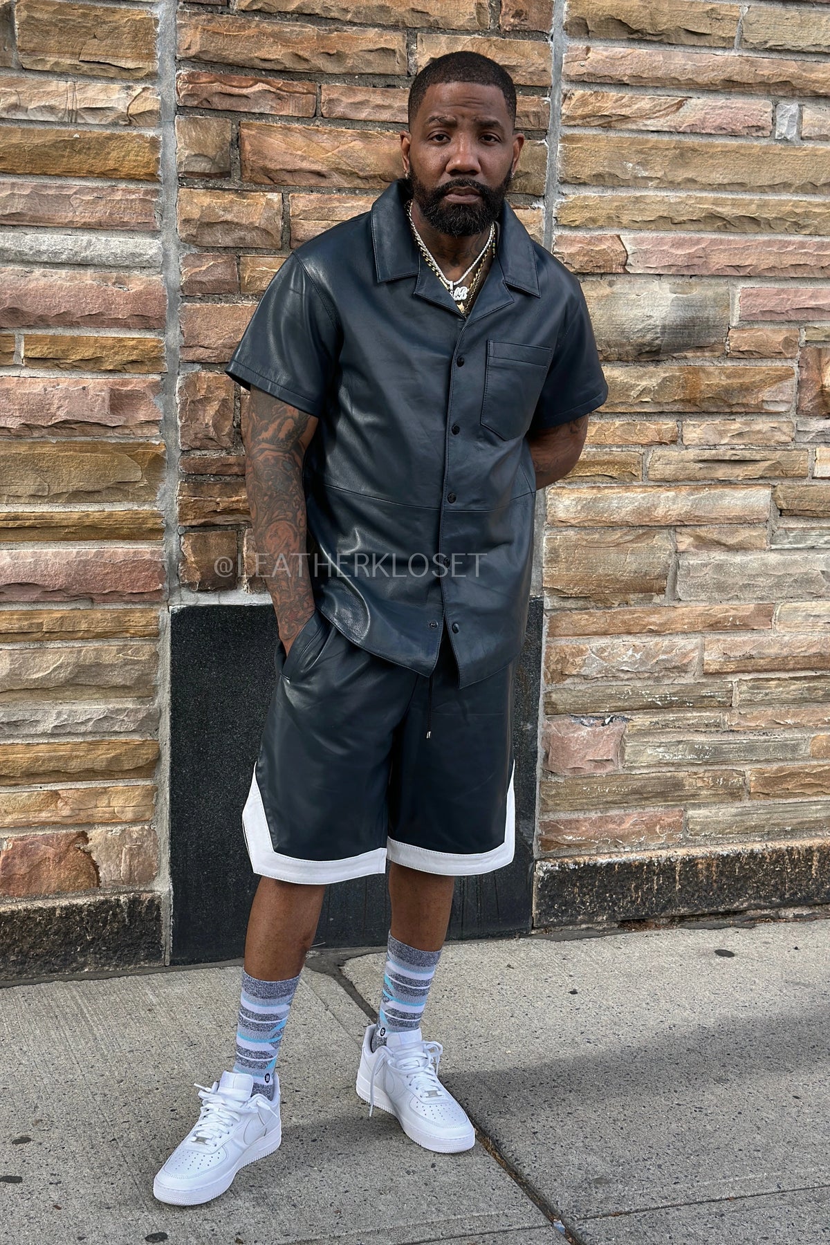 Men's Summer In Miami Leather Shirt And Shorts Set [Navy Blue]