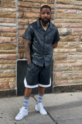 Men's Summer In Miami Leather Shirt And Shorts Set [Navy Blue]