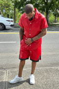 Men's Summer In Miami Leather Shirt And Shorts Set [Red/Black Stripe]