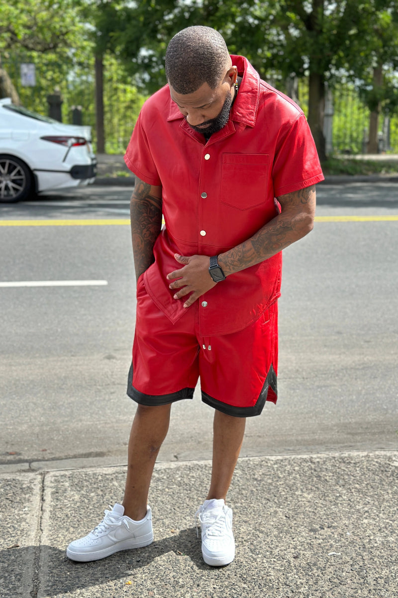 Men's Summer In Miami Leather Shirt And Shorts Set [Red/Black Stripe]
