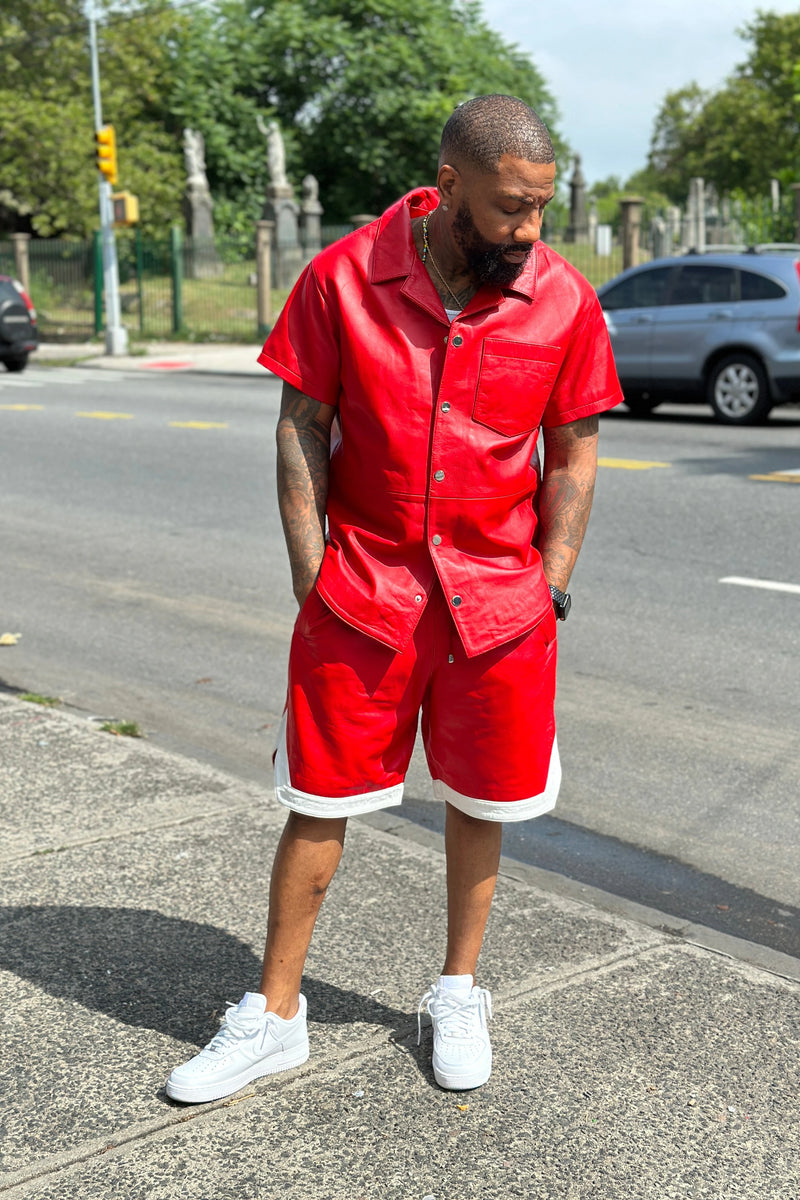 Men's Summer In Miami Leather Shirt And Shorts Set [Red]