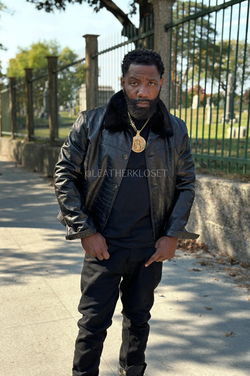 Men's Teddy Croco Stamped Leather Jacket [Black]