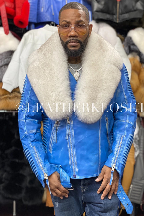Men's Trey Biker Distressed Leather Full Fox Fur Collar