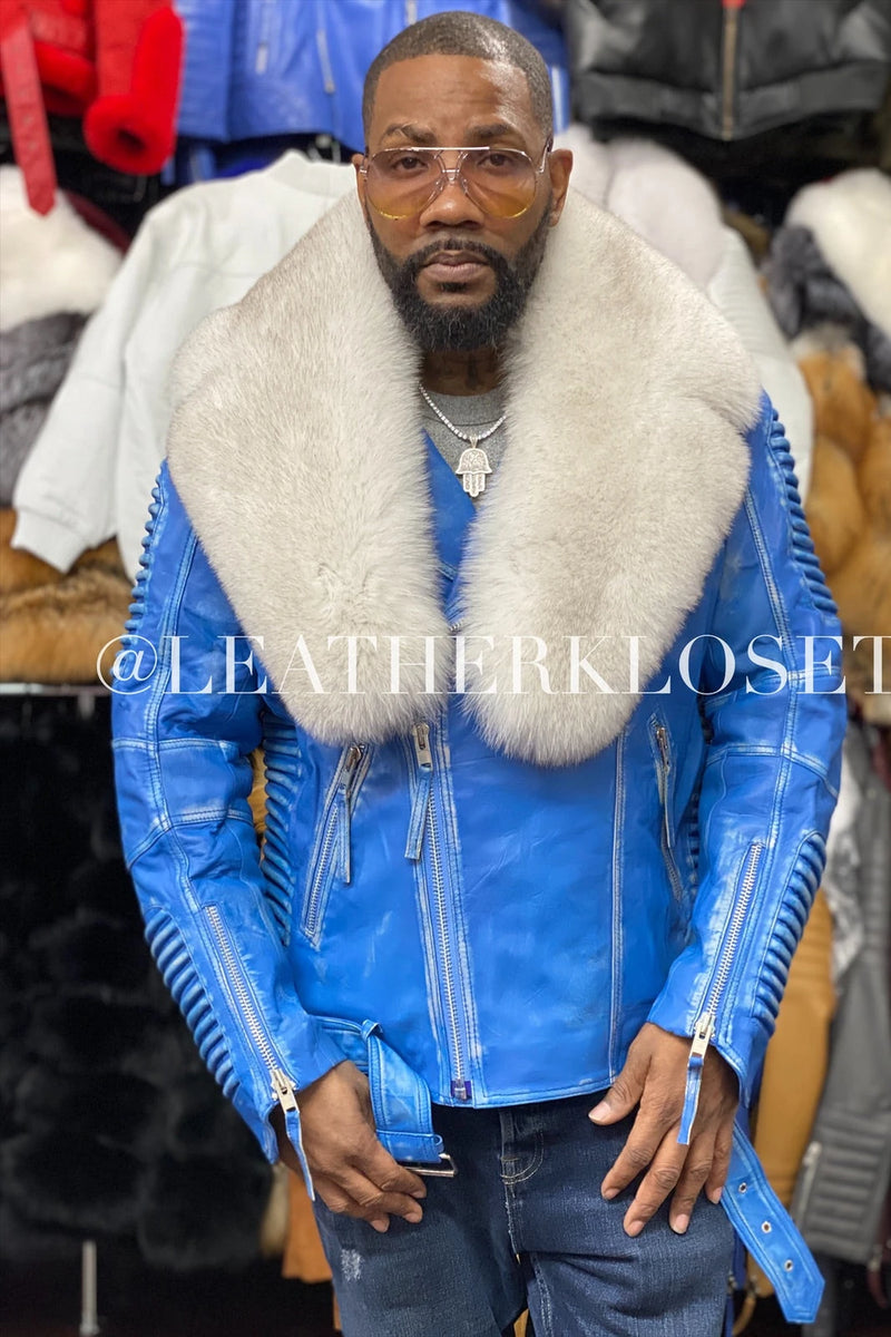Men's Trey Biker Distressed Leather Full Fox Fur Collar