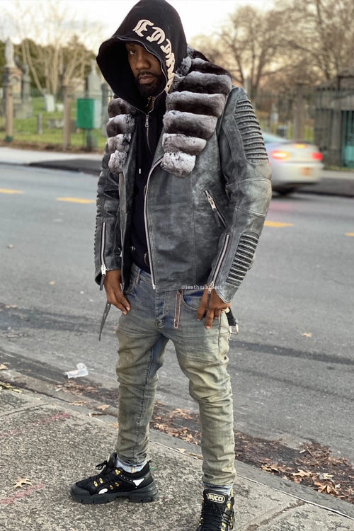 Men's Trey Biker Leather Full Chinchilla Fur Collar [Space Gray]
