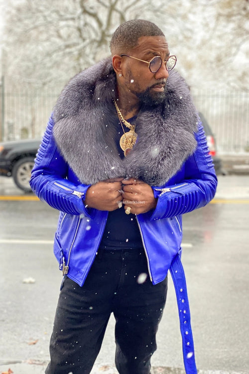 Men's Trey Biker Royal Blue Leather Full Fox Fur Collar [Silver Fox]