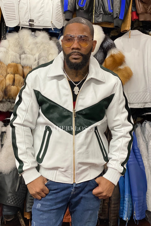 Men's V-Baseball Bomber Pony Leather Jacket [White Green]