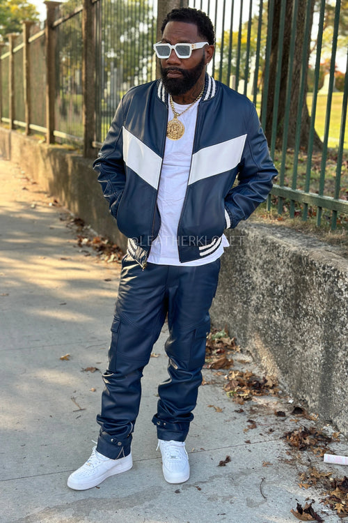 Men's V-Baseball Jacket & Leather Stack Jean Pants [Navy]