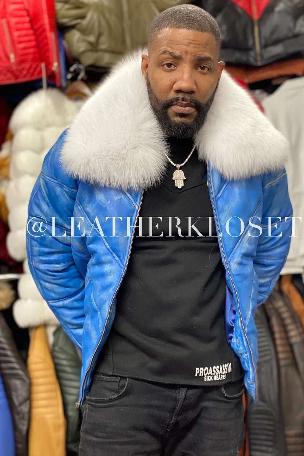 Men's V-Bomber Denim Leather Premium Fox Collar