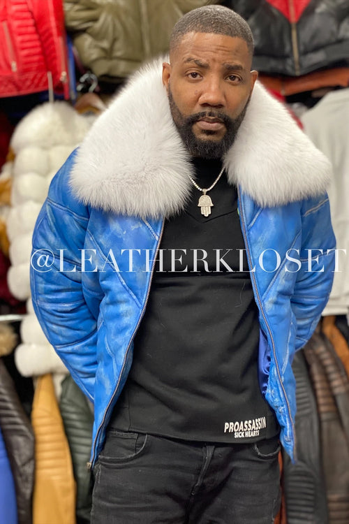 Men's V-Bomber Denim Leather Premium Fox Collar