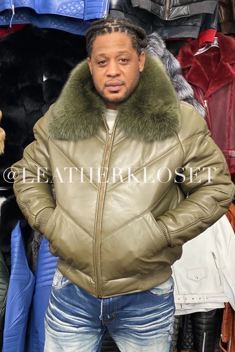 Men's V-Bomber Leather Olive Green Premium Fox Collar
