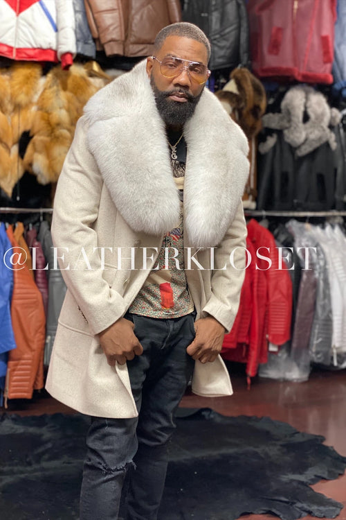 Men's Cashmere Trench Coat With Fox Collar [Cream]
