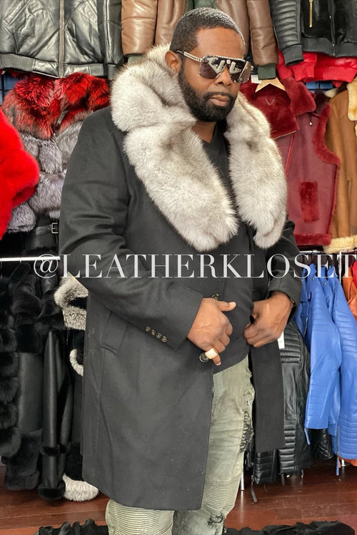 Men's Wool Trench Coat With Fox Collar