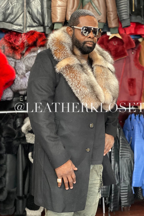 Men's Wool Trench Coat With Fox Collar
