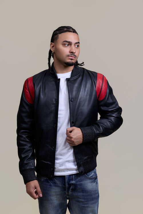 Men's Liam All-Leather Varsity Jacket [Black/Red]