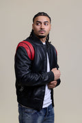 Men's Liam All-Leather Varsity Jacket [Black/Red]