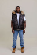 Men's Leather Bubble Vest Copper With Premium Raccoon Hood