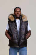 Men's Leather Bubble Vest Copper With Premium Raccoon Hood