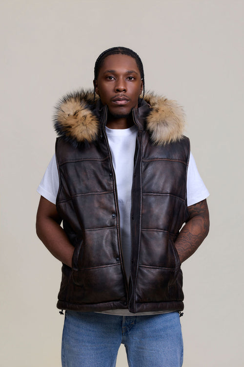 Men's Leather Bubble Vest Copper With Premium Raccoon Hood