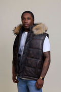 Men's Leather Bubble Vest Copper With Premium Raccoon Hood