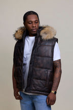 Men's Leather Bubble Vest Copper With Premium Raccoon Hood