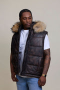 Men's Leather Bubble Vest Copper With Premium Raccoon Hood