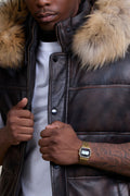 Men's Leather Bubble Vest Copper With Premium Raccoon Hood