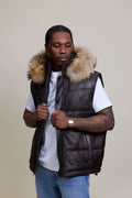 Men's Leather Bubble Vest Copper With Premium Raccoon Hood