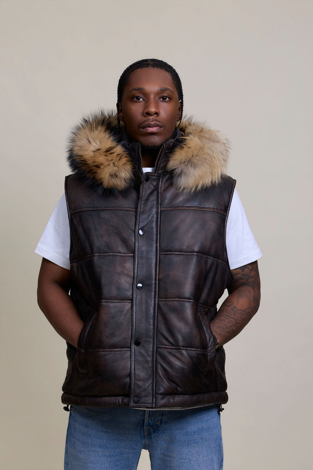 Men's Leather Bubble Vest Copper With Premium Raccoon Hood