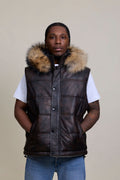 Men's Leather Bubble Vest Copper With Premium Raccoon Hood