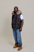 Men's Leather Bubble Vest Copper With Premium Raccoon Hood
