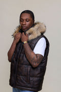 Men's Leather Bubble Vest Copper With Premium Raccoon Hood